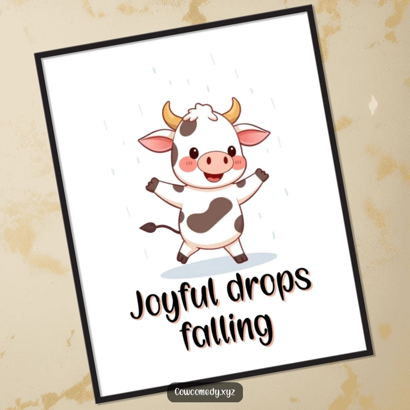 Funny poster capturing a happy cow dancing joyfully in the rain with a broad smile, embodying the spirit of pure, unbridled happiness.