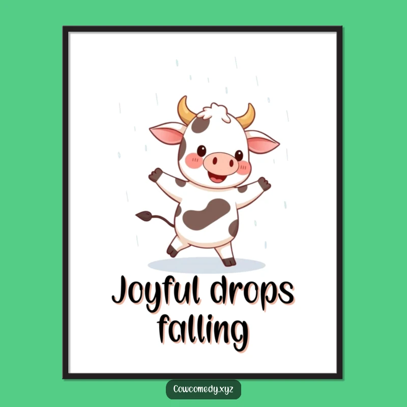 Funny Happy Cow Dancing Rain Poster. Joyful Art. Unique Funny Gift Print!