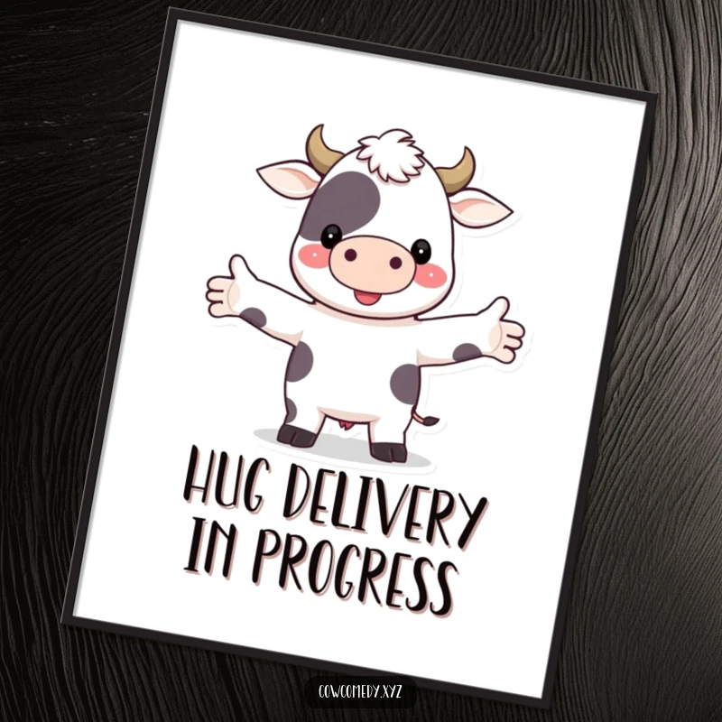 Funny poster featuring a lovable cow character with arms wide open, ready for a big, heartwarming hug, adding cheer to any room.