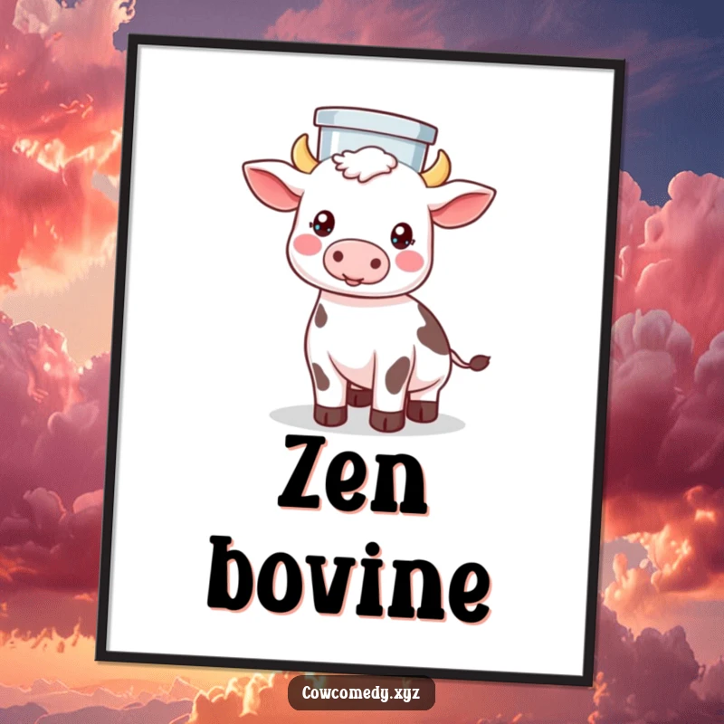 Funny poster featuring a Kawaii cow with a milk pail perfectly balanced atop its head, looking calm and collected.