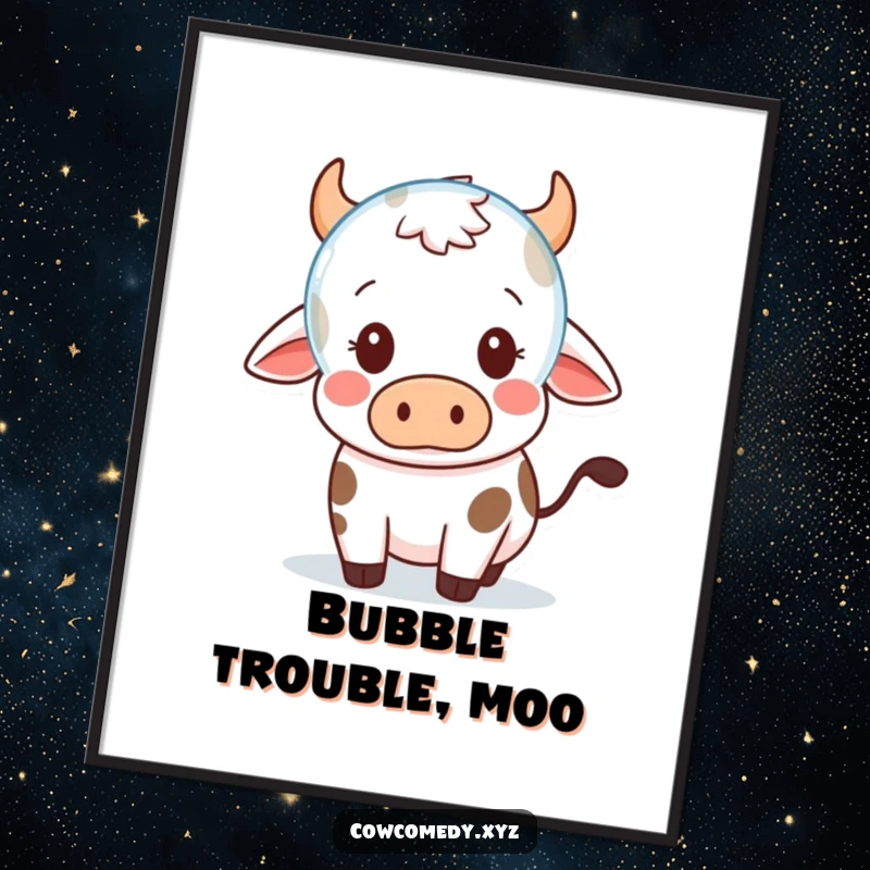 Funny Poster: A Kawaii cow's eyes are wide with surprise at a floating bubble, adding cute astonishment to your decor.