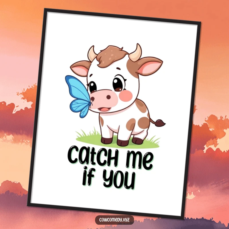Funny poster featuring a Kawaii cow with large, curious eyes intently trying to catch a colorful butterfly in a peaceful scene.
