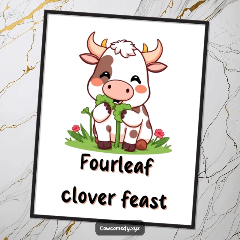Funny Poster: A Kawaii cow happily munches on a giant clover, bringing joy and good luck to your decor.
