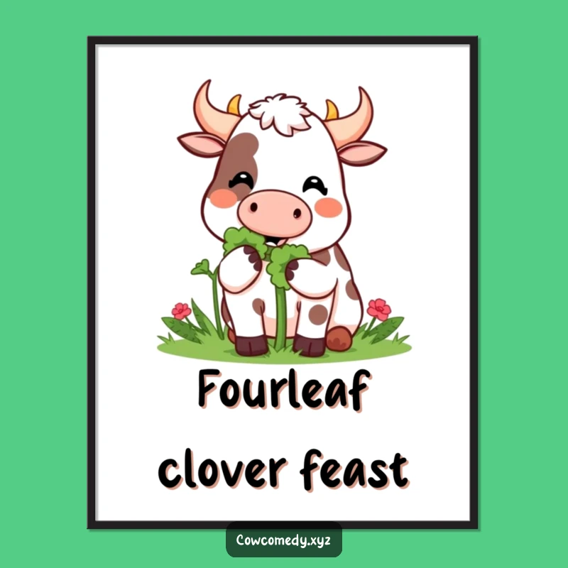 Funny Kawaii Cow Clover Munch Art Print - Happy Lucky Decor