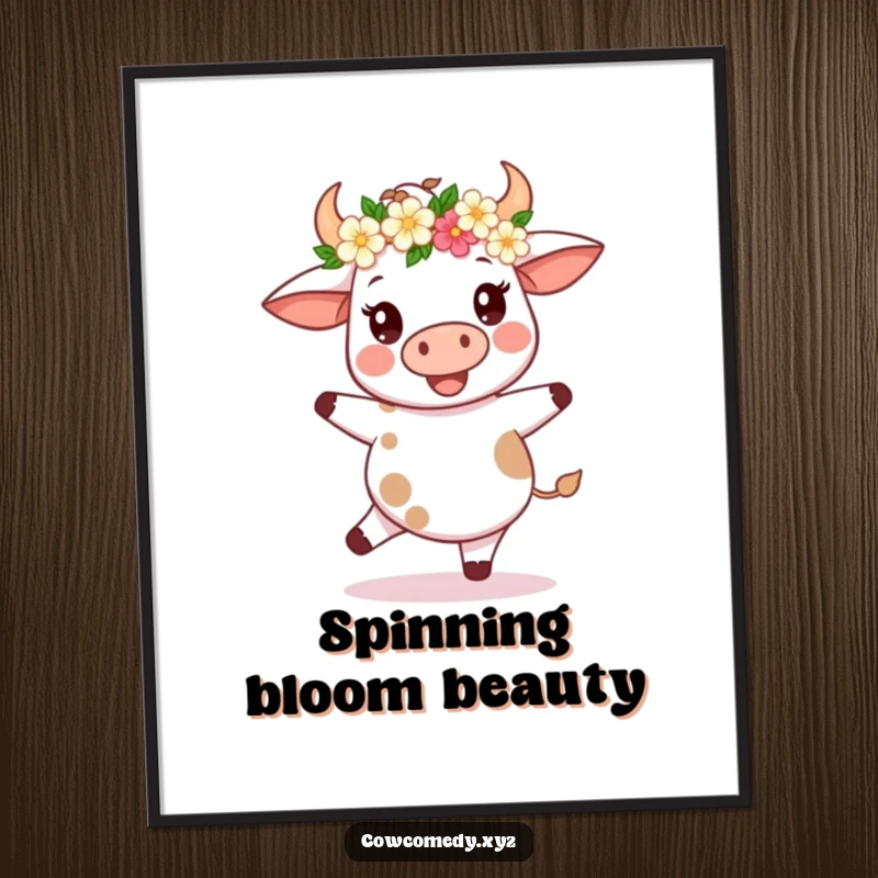 Funny Kawaii Cow Poster: Whimsical art of a cow in a flower crown spinning joyfully, adding festive humor.