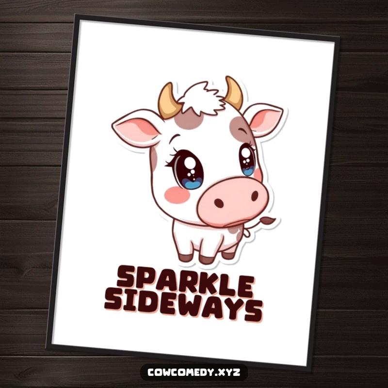 Funny Kawaii Cow Poster: Whimsical art of a cow with big, sparkly eyes tilting its head, adding humor and charm.