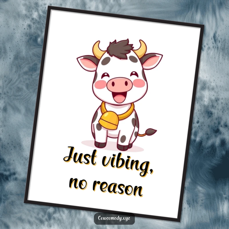 Funny Kawaii Cow Poster, a cheerful cow with a cowbell ringing, joyful wall decor, humorous art.