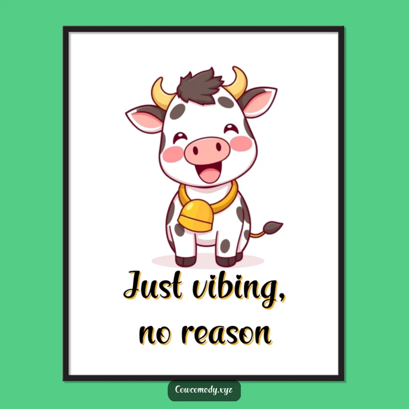 Funny Kawaii Cow Poster: Delightful Cowbell Ringing Wall Art