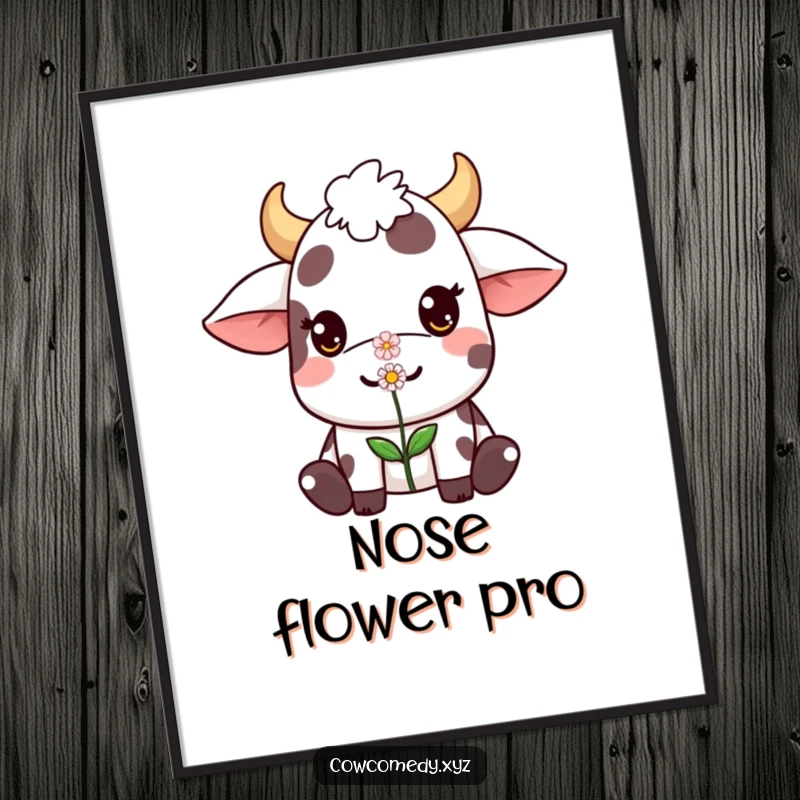 Funny Kawaii cow poster print of a cute character balancing a small flower on its nose, creating a sweet and humorous atmosphere.