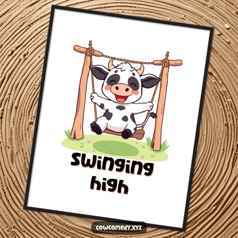 Funny Kawaii cow poster print of a cute character happily swinging on a rope swing, creating a playful and humorous atmosphere.