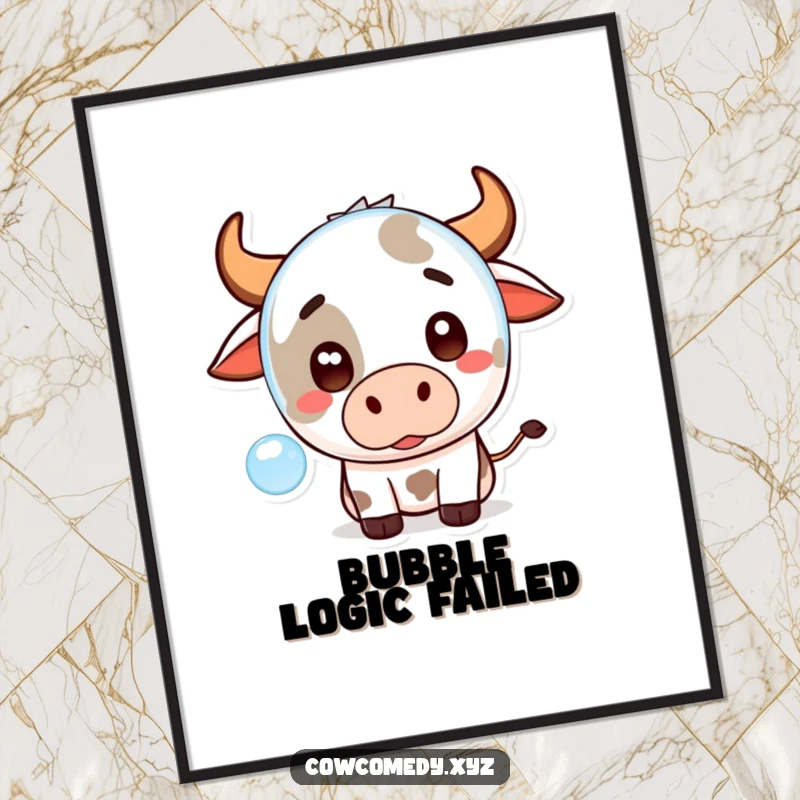 Funny Kawaii Cow Poster featuring a cute cartoon cow with a surprised expression looking at a floating bubble, perfect wall art.