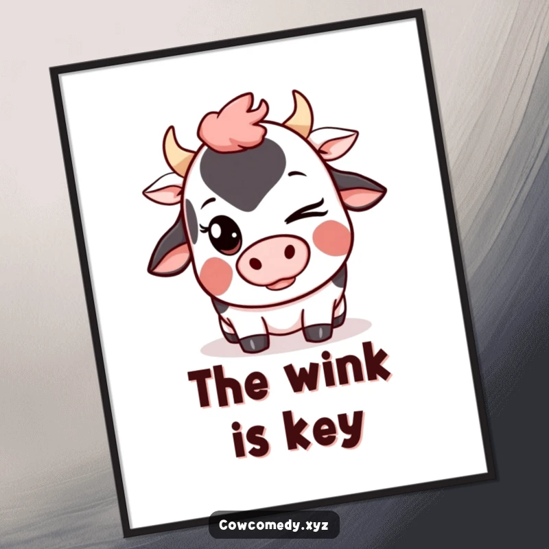 Funny Kawaii Cow Poster featuring a cute cartoon cow winking with a mischievous grin, perfect wall art.