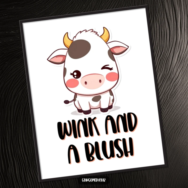 Funny poster of a kawaii cow character blushing deeply and giving a shy, endearing wink, conveying playful charm.