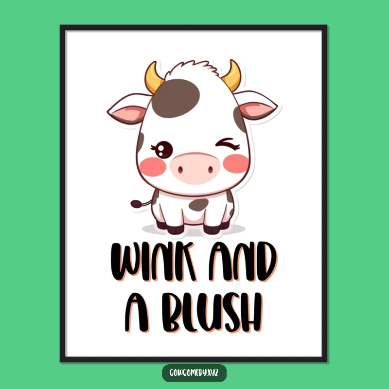 Funny Shy Wink Cow Poster: Kawaii Wall Art with a Comical Blush, Wonderful Funny Gift!