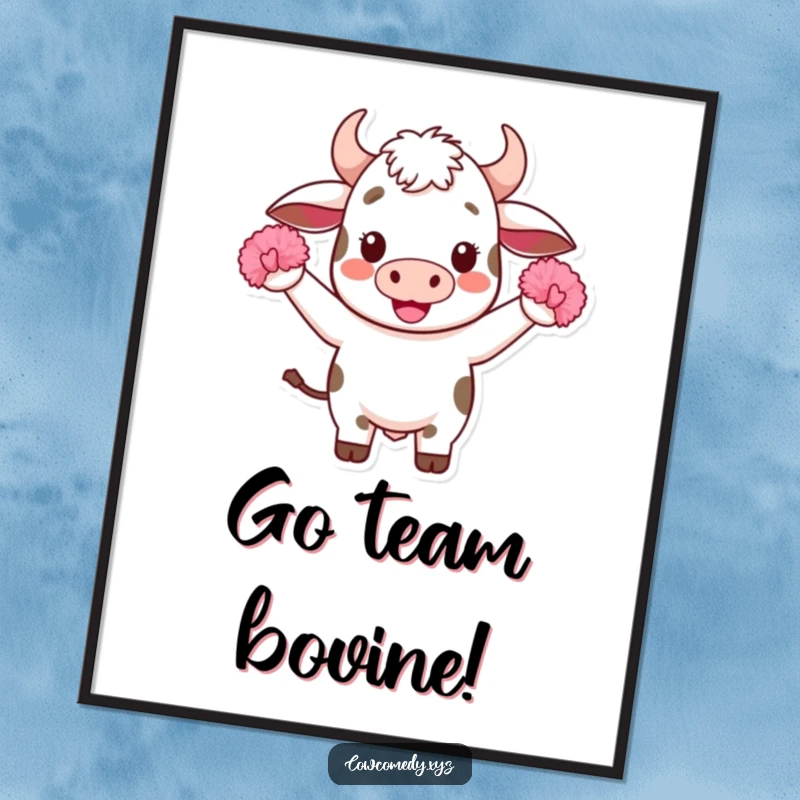 Funny Kawaii Cow Poster: A motivational art print of a cheering Kawaii cow with tiny pom-poms, bringing energy and happiness to any room.