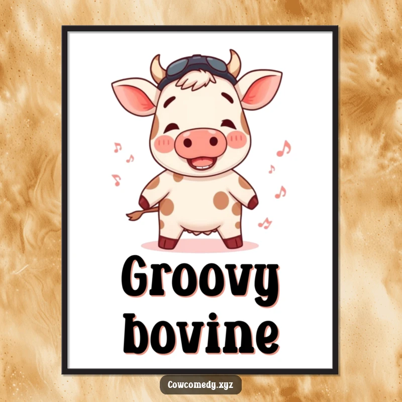 Funny poster of a cow with rosy cheeks bopping to an unheard rhythm, adding musical charm.