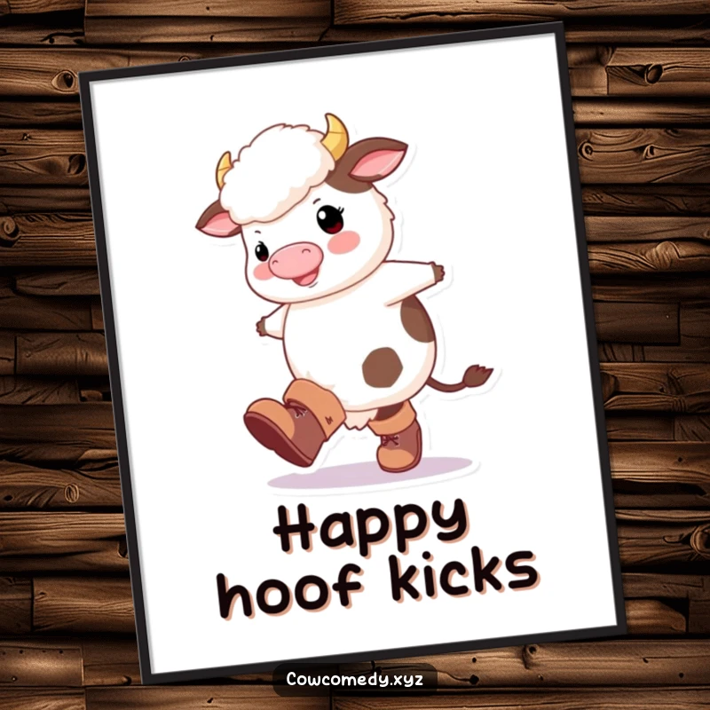 Funny Fluffy Cow Poster: A fluffy cow character wearing large boots, happily kicking its legs with pure delight.