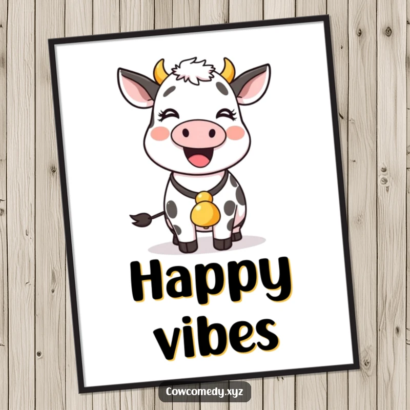 A funny cow wearing a bell joyfully wiggles, presented as cheerful and amusing wall art.