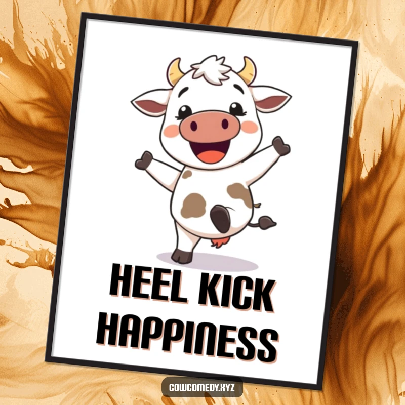 Funny Kawaii Cow Poster: Energetic cow with heels kicked high, grinning widely, wall art to bring humor and joy.