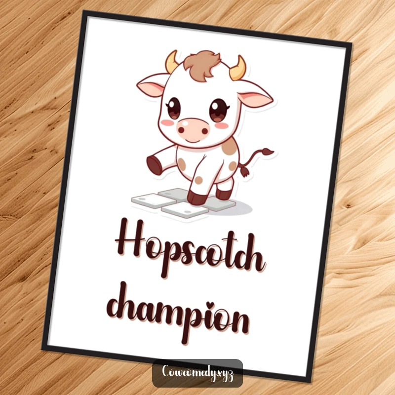 Funny Kawaii cow poster print of a cute character with big happy eyes playing hopscotch, creating a cheerful and humorous atmosphere.
