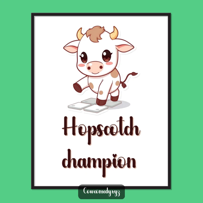 Funny Kawaii Cow Poster: Hopscotch Joy - Adorable & Humorous Wall Art