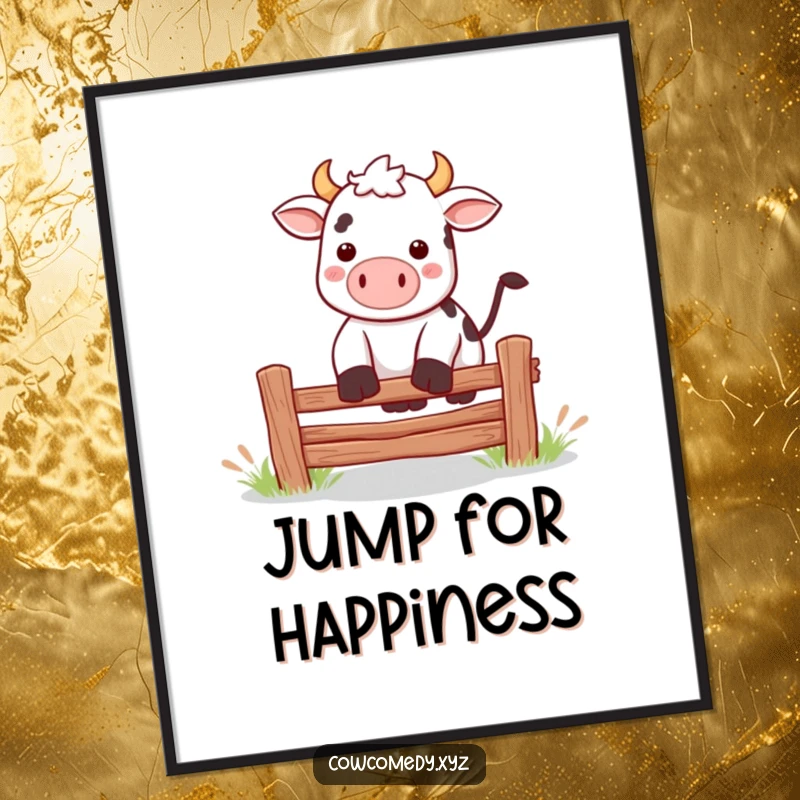 Funny Kawaii cow jumping over a small fence poster, adding dynamic and humorous appeal to any room.