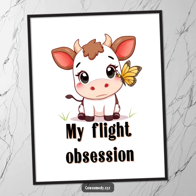Funny Kawaii cow with wide eyes, trying to catch a butterfly, on a charming art poster.
