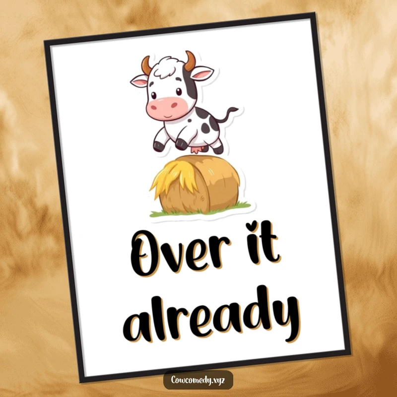 Funny poster art of a cow dynamically jumping over a small hay bale, capturing a moment of farm joy.
