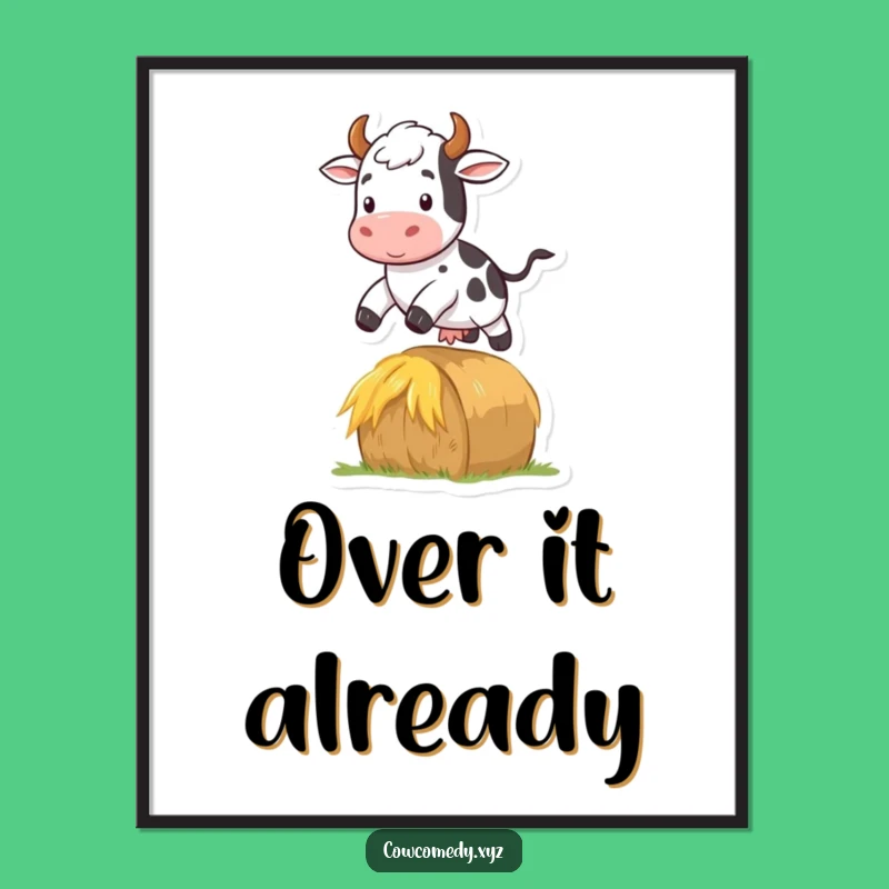 Funny Cow Poster: Jumping Hay Bale Art, Perfect Funny Farm Gift