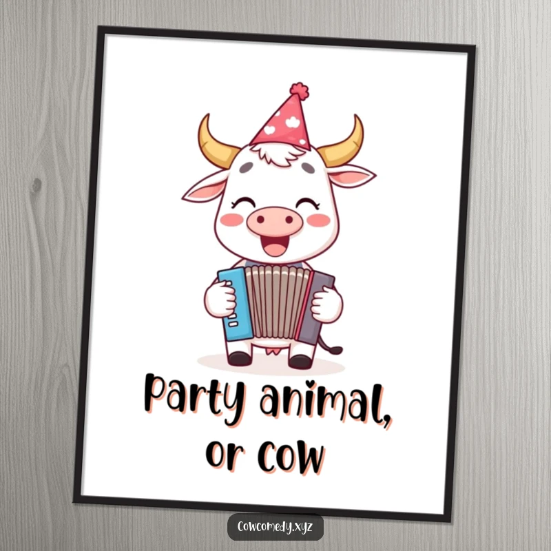 Funny poster art of a cheerful cow in a party hat, playing a tiny accordion with musical notes filling the air.