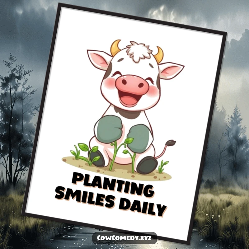Funny poster of a giggling cow in gardening gloves tending a tiny sprout, bringing whimsical farm and garden humor indoors.