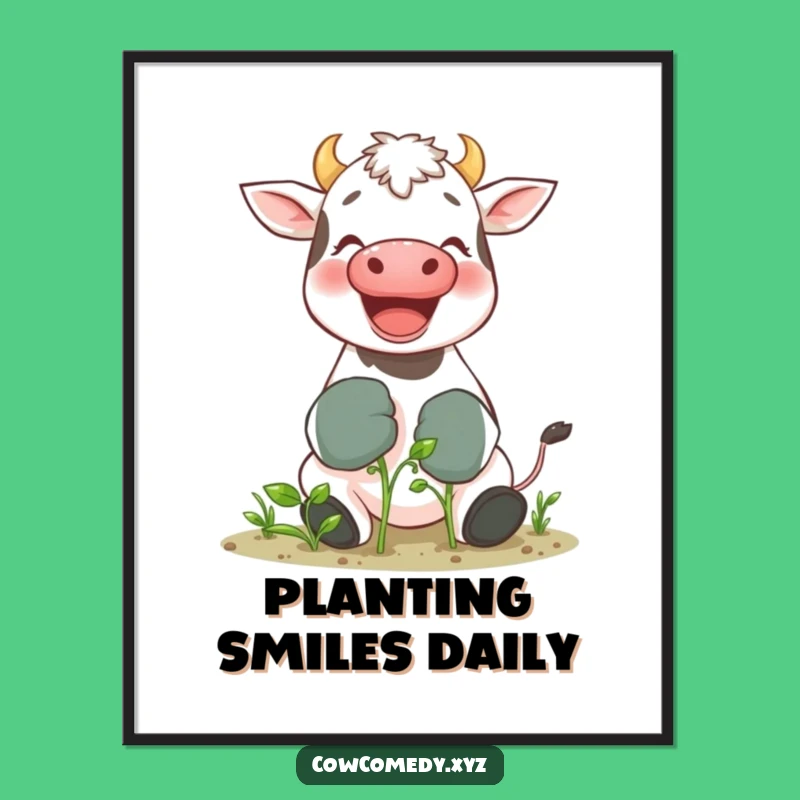 Funny Gardening Cow Poster: Giggling Bovine Tending Sprout, Whimsical Wall Art Gift