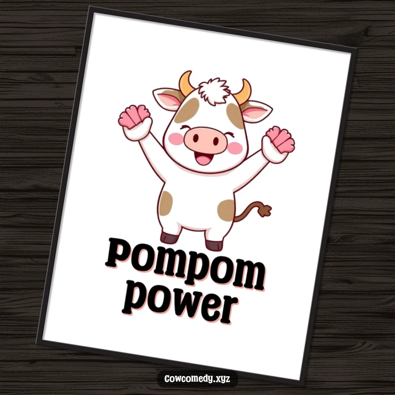 Funny Kawaii Cow Poster featuring a cute cartoon cow cheering with tiny pom-poms, perfect wall art.