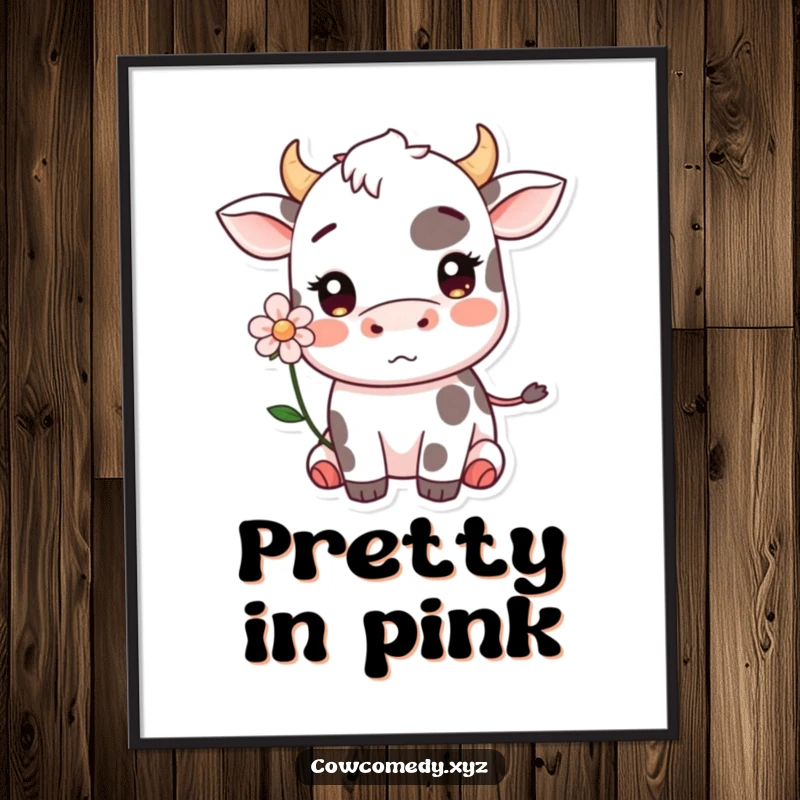 Funny Kawaii cow blushing with a flower behind its ear poster, adding sweet and shy humor to any room.