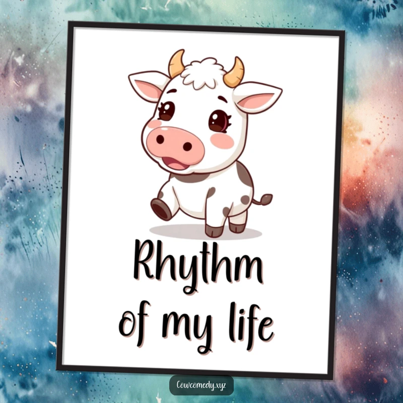 Funny poster depicting a kawaii cow character with hooves actively tapping to an excited rhythm, exuding happiness and playful movement.