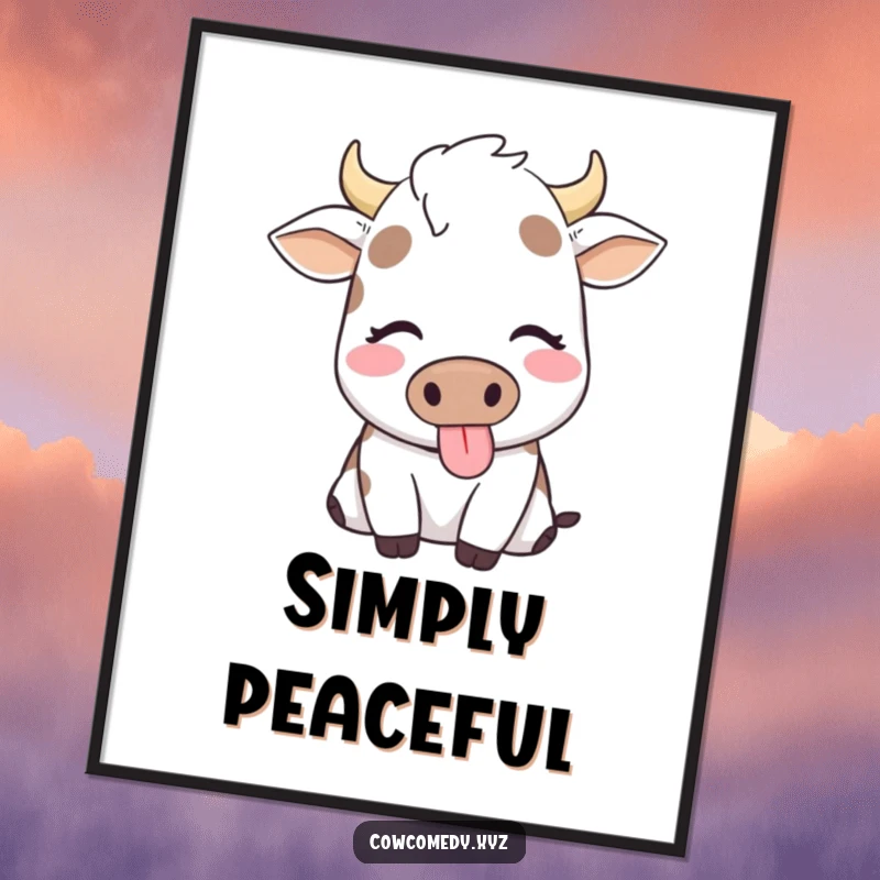 Funny poster art of a cow with eyes closed, happily chewing, conveying a feeling of pure contentment.