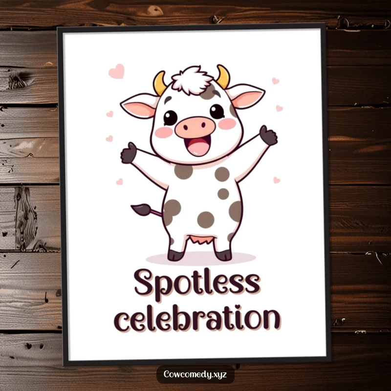 Funny poster featuring a Kawaii cow in a lively happy dance, with colorful spots flying dynamically around its energetic form.