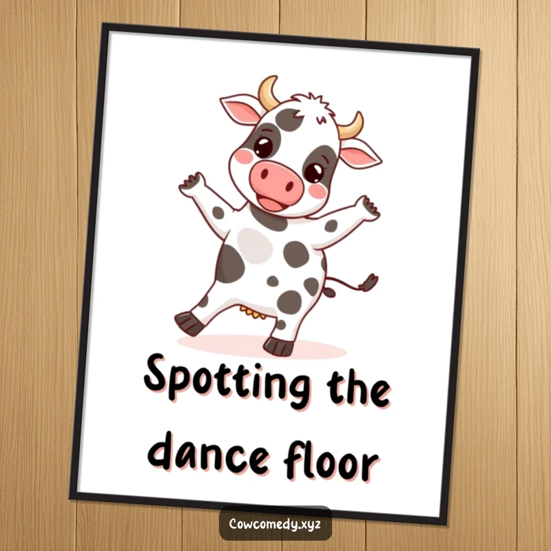 Funny poster art of a happy cow doing a silly dance, its spots bouncing energetically with rhythm and pure joy.