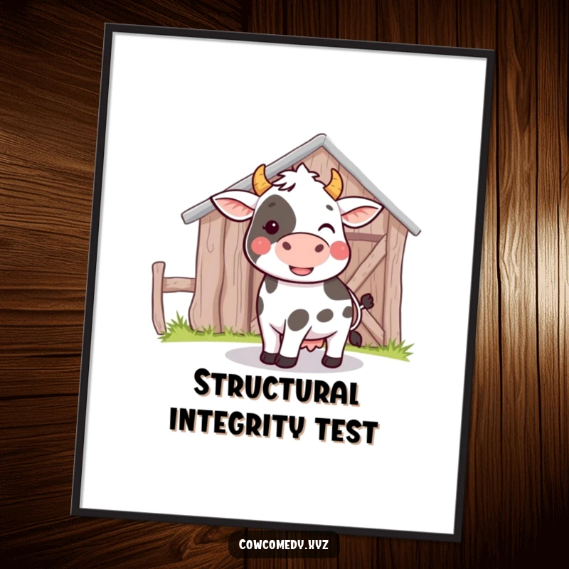 Funny poster print of a cow playfully nudging its head against a barn, conveying sweet, gentle humor.