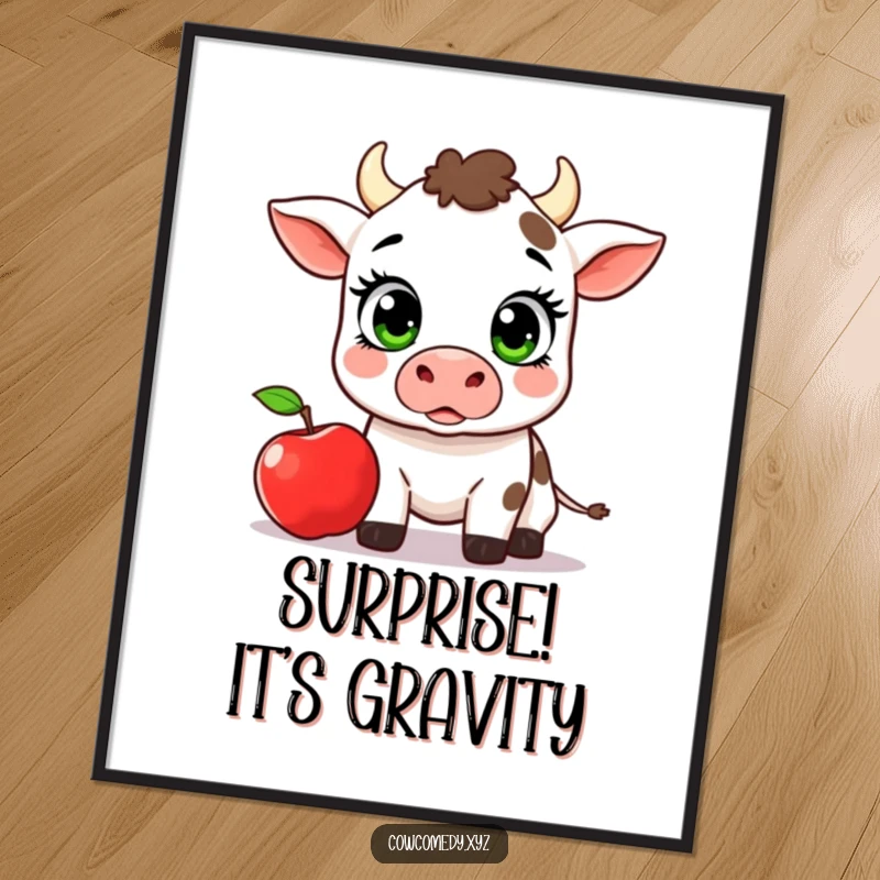 Funny Kawaii Cow Poster, a cow with wide eyes surprised by a falling apple, humorous wall decor.