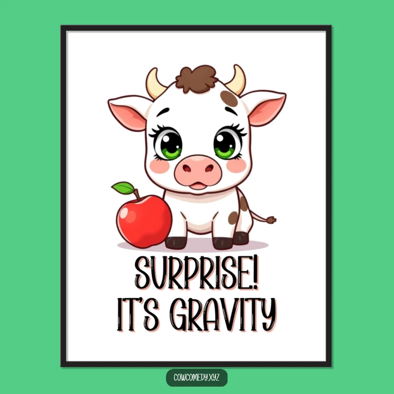 Funny Kawaii Cow Apple Poster: Surprised Reaction Wall Art