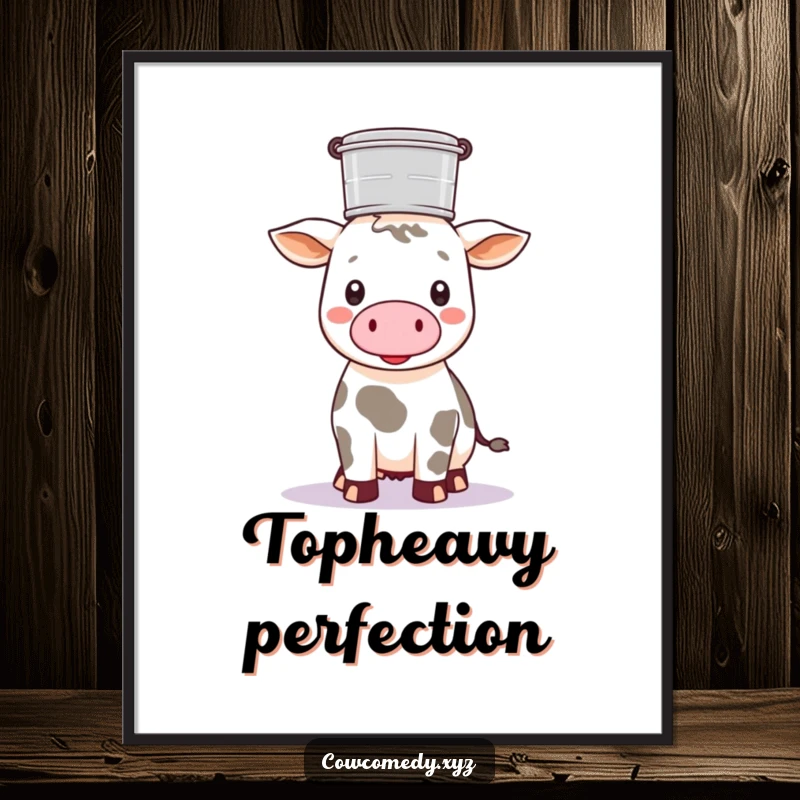 Funny Kawaii cow balancing a milk pail on its head, on a charming art poster, farmhouse style.