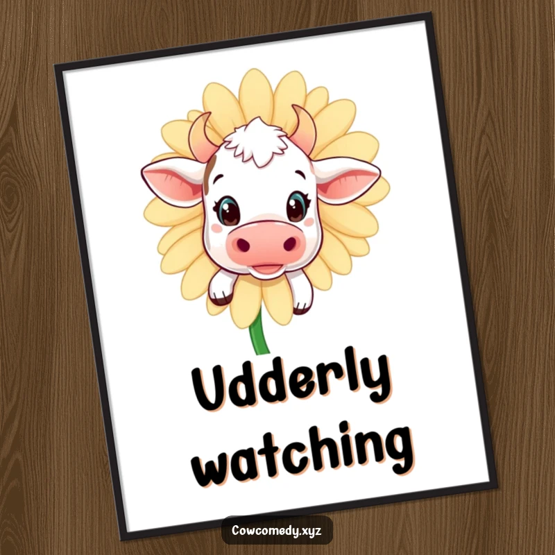 Funny kawaii cow poster, curious eyes peeking from behind a giant daisy, creating whimsical and humorous wall art.