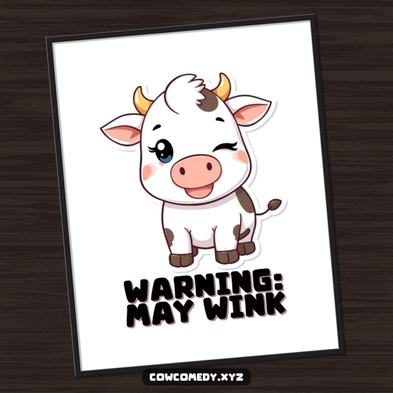 Funny Kawaii Cow Poster: A charming art print of a winking Kawaii cow with a mischievous grin, adding humor and personality to any wall.