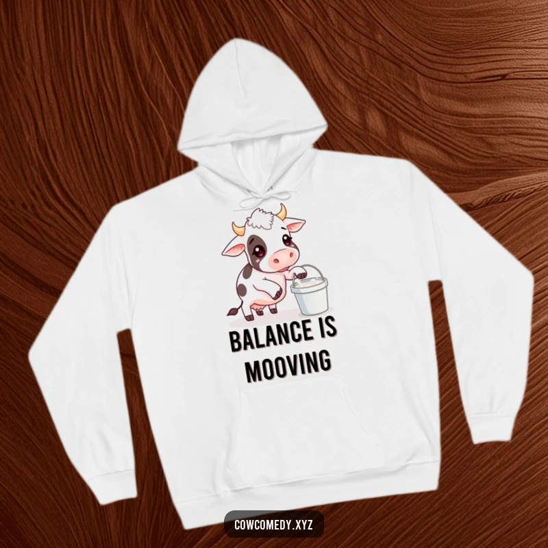 Funny hoodie depicting a cartoon cow comically losing balance with a milk bucket, creating a messy, hilarious farm scene.