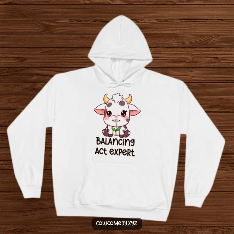 Funny Kawaii cow hoodie illustrating a cute character balancing a small flower on its nose, combining warmth with gentle, sweet humor.
