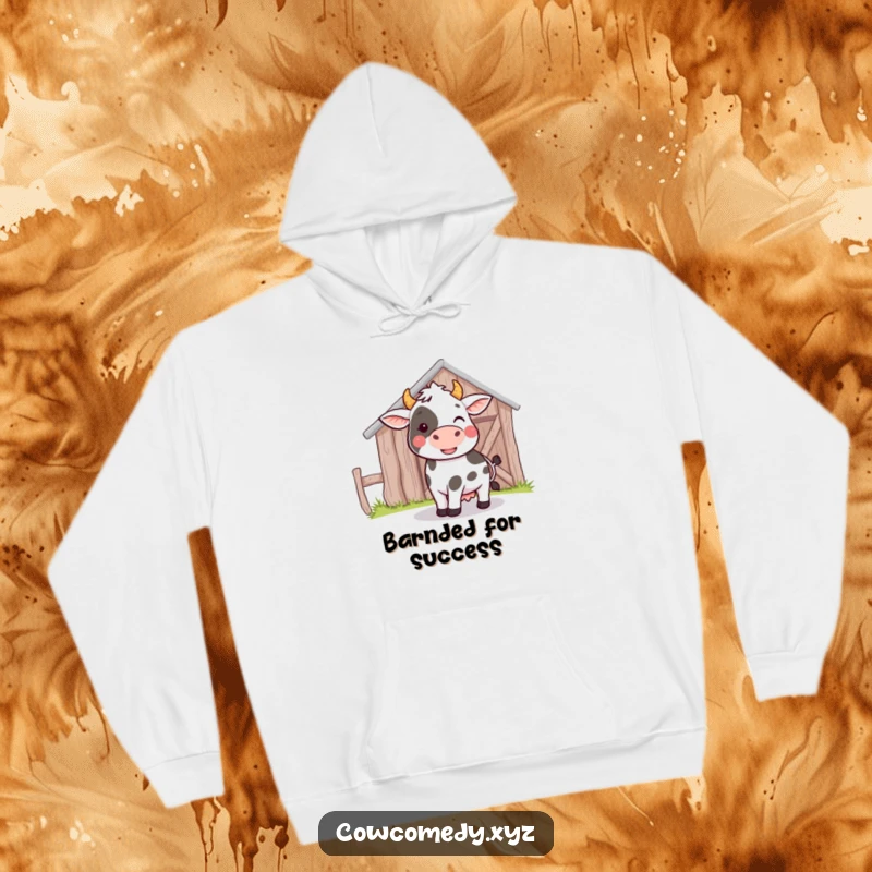 Funny hoodie with a design of a cow gently and playfully bumping its head against a rustic barn, exuding charm.