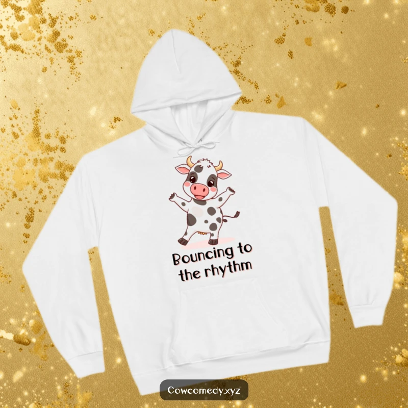 Funny hoodie with a happy cow doing a silly dance, its spots bouncing with rhythm, exuding fun and energy.