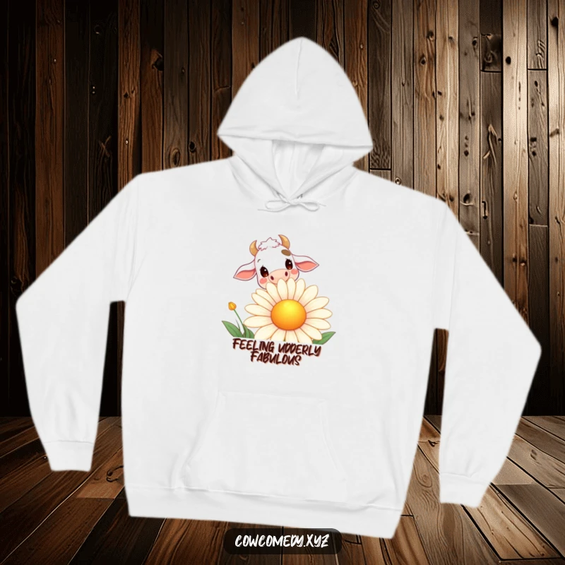 Funny hoodie depicting a curious cow peeking over a large, smiling daisy, offering cozy and humorous farm-themed apparel.