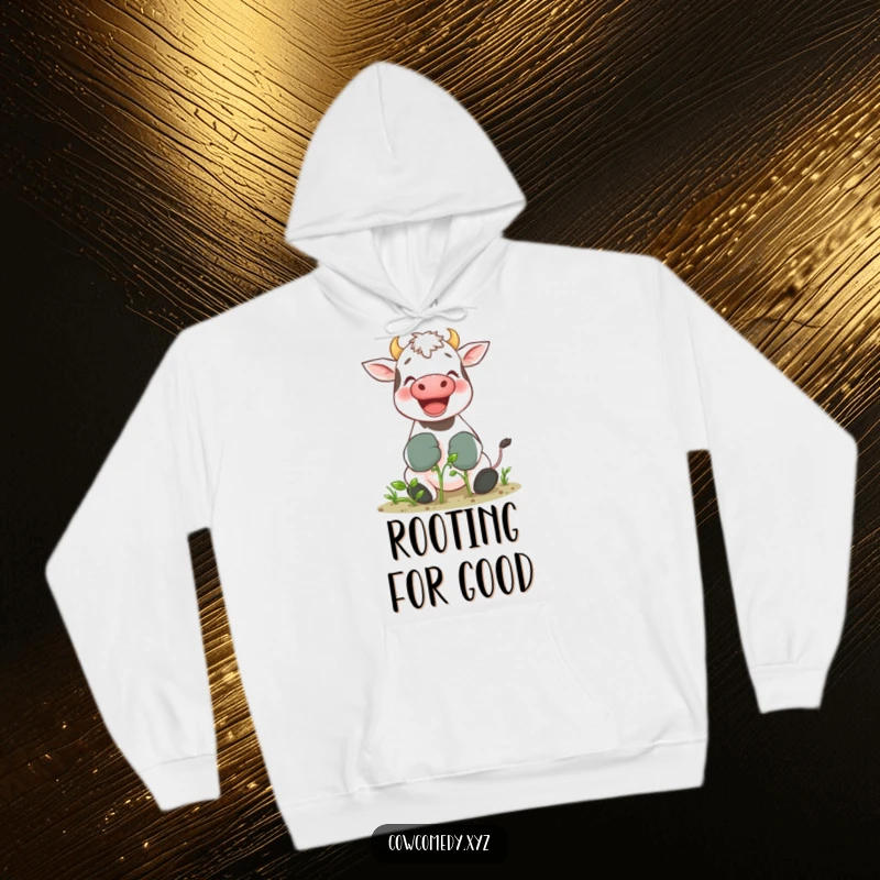 Funny hoodie with a giggling cow in oversized gardening gloves tending a tiny sprout, offering cozy and humorous garden vibes.